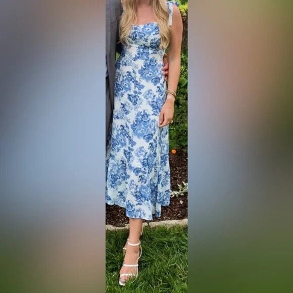 Blue Toile Floral Ruffle Midi Dress by Manu Reformation Nikita Olympia Size 6/S - Picture 14 of 16